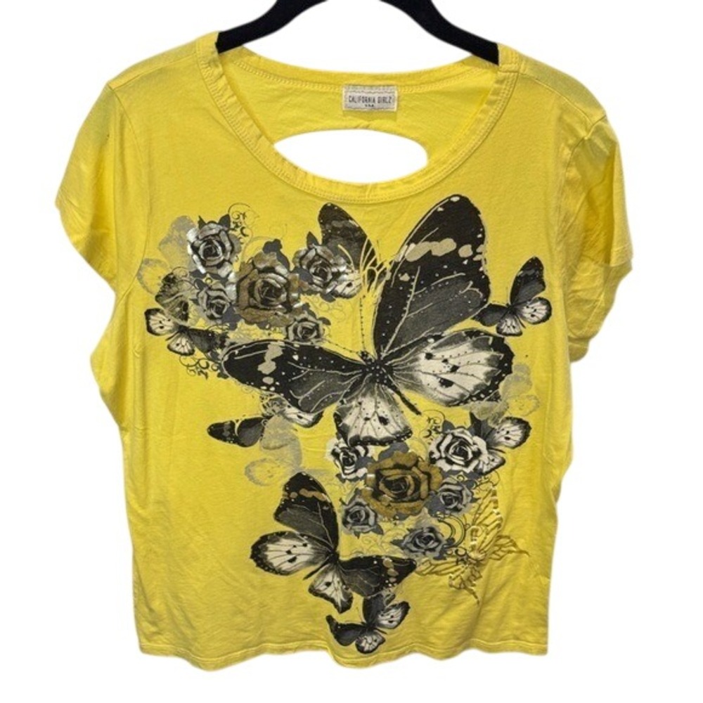 California Girlz Yellow Butterfly Rose Graphic Back‎ Cutout Tee